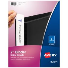 Avery Binder Spine Inserts, 89107, For 2" Ring Binders With 2.8" Spine Width, White, Pack Of 5