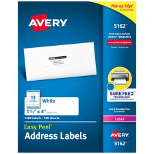 Avery Easy Peel Address Labels With Sure Feed Technology, 5162, Rectangle, 1-1/3" x 4", Matte White, Box Of 1,400