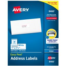 Avery Easy Peel Address Labels With Sure Feed Technology, 8460, Rectangle, 1" x 2-5/8", Matte White, Box Of 3,000