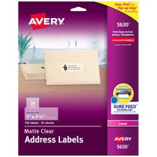 Avery Matte Address Labels With Sure Feed Technology, 5630, Rectangle, 1" x 2-5/8", Clear, Pack Of 750