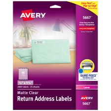 Avery Matte Return Address Labels With Sure Feed Technology, 5667, Rectangle, 1/2" x 1-3/4", Clear, Pack Of 2,000