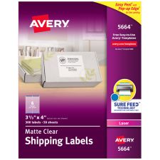 Avery Matte Shipping Labels With Sure Feed Technology, 5664, Rectangle, 3-1/3" x 4", Clear, Pack Of 300