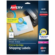 Avery Print-to-the-Edge Shipping Labels With Sure Feed For Color Laser Printers, 6878, Rectangle, 3-3/4" x 4-3/4", White, Pack Of 100