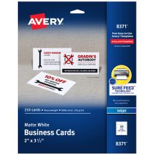 Avery Printable Business Cards With Sure Feed Technology For Inkjet Printers, 2" x 3.5", White, 250 Blank Cards