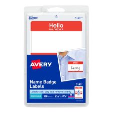 Avery "Hello My Name Is" Name Tags, 05140, 2-1/3" x 3-3/8", White With Red Border, 100 Removable Name Badges