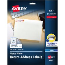 Avery Return Address Label With Sure Feed Technology, 8257, Rectangle, 3/4" x 2-1/4", White, Pack Of 600 Labels