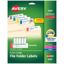Avery TrueBlock Extra-Large Permanent Inkjet/Laser File Folder Labels, 5026, 15/16" x 3 7/16", Assorted Colors, Pack Of 450