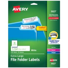 Avery TrueBlock Extra-Large Permanent Inkjet/Laser File Folder Labels, 5027, 15/16" x 3 7/16", White, Pack Of 450