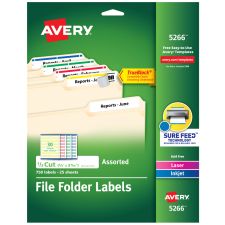 Avery TrueBlock Permanent Inkjet/Laser File Folder Labels, 5266, 2/3" x 3 7/16", Assorted, Box Of 750