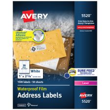 Avery Waterproof Address Labels With Ultrahold, 5520, Rectangle, 1" x 2-5/8", White, 1,500 Labels For Laser Printers