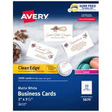 Avery Clean Edge Printable Business Cards With Sure Feed Technology for Laser Printers, 2" x 3.5", White, 2,000 Blank Cards