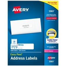 Avery Easy Peel Address Labels With Sure Feed Technology, 5961, Rectangle, 1" x 4", Matte White, Box Of 5,000