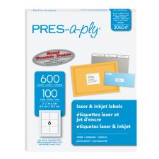 Avery PRES-a-ply Labels for Laser and Inkjet Printers, AVE30604, Rectangle, 3 1/3"W x 4"L, White, Box Of 600