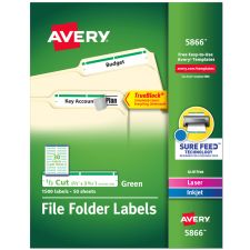 Avery TrueBlock Permanent Inkjet/Laser File Folder Labels, 5866, 2/3" x 3 7/16", Green, Box Of 1,500