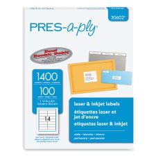 PRES-a-ply Labels, Laser Printers, 1.33 x 4, White, 14/Sheet, 100 Sheets/Box