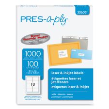 PRES-a-ply Labels, Laser Printers, 2 x 4, White, 10/Sheet, 100 Sheets/Box