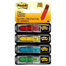 Post-it Flags, .47 in. x 1.7 in., 4 Dispensers, 30 Flags/Dispenser, Assorted Colors, Printed "Sign Here", Back to School Supplies - 684SH