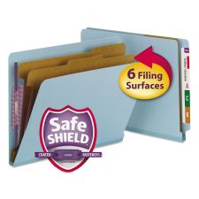Smead End Tab Pressboard Classification Folders, Six SafeSHIELD Fasteners, 2" Expansion, 2 Dividers, Letter Size, Blue, 10/Box