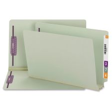 Smead End Tab Pressboard Fastener Folders with SafeSHIELD, 8 1/2" x 14", 3" Expansion, Gray/Green, Box Of 25