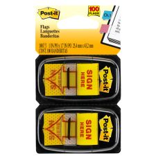 Post-it Flags, 1 in. x 1.7 in., 2 Dispensers, 50 Flags/Dispenser, Yellow, Printed "Sign Here", Back to School Supplies - 680SH2