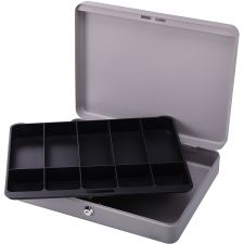 Sparco All-Steel Key Lock Cash Box With Tray, 10 Compartments, 2" x 10 1/2" x 15", Gray