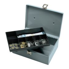 Sparco All-Steel Latch Lock Cash Box With Tray, 7 Compartments, 4" x 11" x 7 3/4", Gray
