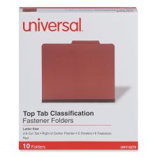 Universal Six-Section Pressboard Classification Folders, 2" Expansion, 2 Dividers, 6 Fasteners, Letter Size, Red Exterior, 10/Box