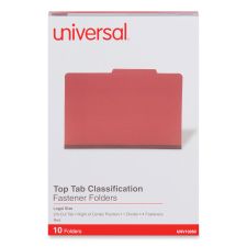 Universal Four-Section Pressboard Classification Folders, 2" Expansion, 1 Divider, 4 Fasteners, Legal Size, Red Exterior, 10/Box