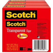 Scotch Transparent Tape, 3 Tape Rolls, 1 in x 2592 in, Home Office Supplies and School Supplies for College and Classrooms