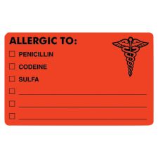 Tabbies "ALLERGIC TO:" Medical Allergy Labels, TAB00488, 4" x 2 1/2", Fluorescent Red, Roll Of 100