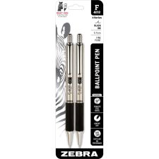 Zebra Pen F-402 Stainless Steel Retractable Ballpoint Pens, Pack Of 2, Fine Point, 0.7 mm, Silver Barrel, Black Ink