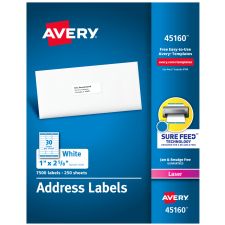Avery Laser Address Labels With Sure Feed Technology, 45160, 1" x 2 5/8", White, Pack Of 7,500