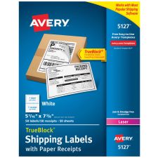 Avery TrueBlock White Laser Shipping Labels, With Paper Receipt, 5127, 5 1/16" x 7 5/8", Pack Of 50