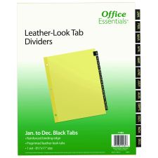 Office Essentials Preprinted Black Leather Tab Dividers, 12-Tab, Jan. to Dec., 11 x 8.5, Buff, 1 Set