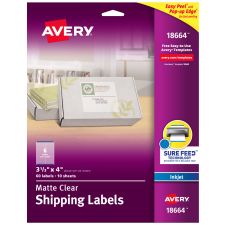 Avery Easy Peel Clear Inkjet Shipping Labels, 18664, 3 1/3" x 4", Pack Of 60
