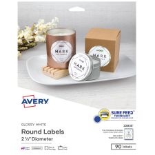 Avery Easy Peel TrueBlock Print-To-The-Edge Inkjet/Laser Labels, Round, 22830, 2 1/2" Diameter, Glossy White, Pack Of 90