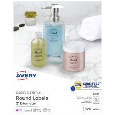 Avery Glossy Clear Print-to-the-Edge Easy Peel Labels With Sure Feed Technology, 22825, Round, 2" Diameter, Clear, Pack Of 120