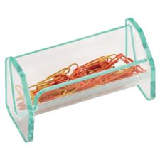 Lorell Acrylic Paper Clip Holder, 4"W x 2"D x 2 1/2"H, Clear/Green Edge
