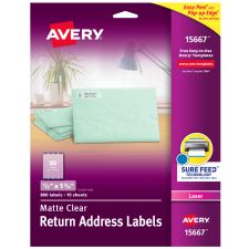 Avery Matte Return Address Labels With Sure Feed Technology, 15667, Rectangle, 1/2" x 1-3/4", Clear, Pack Of 800