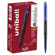 uniball AIR Rollerball Pen, Medium Point, 0.7 mm, Black Barrel, Blue Ink, Pack Of 12
