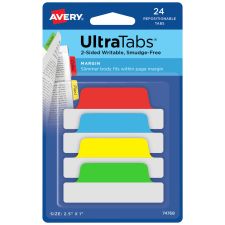 Avery Margin Ultra Tabs, 2.5" x 1", Assorted Primary, Set Of 24 Repositionable Tabs