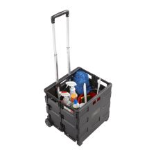 Safco Stow Away Folding Caddy, Telescopic Handle, 50 lb Capacity, 2 Casters, 16.5"W x 14.5"D x 39"H, Black, Silver