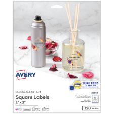 Avery Print-To-The-Edge Labels, 22853, Square, 2" x 2", Glossy Clear, Pack Of 120