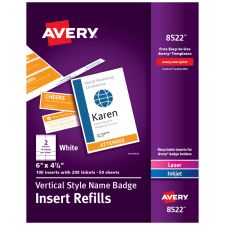 Avery Vertical Name Badge Inserts, 6" x 4 1/4", White, Box Of 100 Inserts