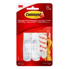 Command Medium Utility Hooks, 2 Hooks, 4 White Adhesive Strips, Damage Free Hanging Picture Hangers, No Tools Wall Hanging Strips For Living Spaces