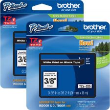 Brother P-touch TZe Laminated Tape Cartridges, 3/8"W, Rectangle, White, 2 Per Bundle
