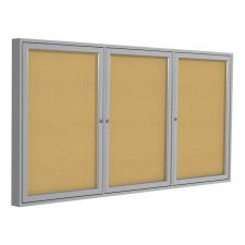 Ghent 3-Door Enclosed Cork Bulletin Board, 48" x 96", Natural, Satin Aluminum Frame