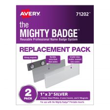 Avery 71202 The Mighty Badge Professional Replacement Name Badges, 1" x 3", Silver, Pack Of 2 Badges