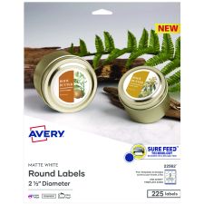 Avery Laser/Inkjet Media Labels, Inkjet/Laser Printers, 2.5" dia, Matte White, 9 Labels/Sheet, 25 Sheets/Pack