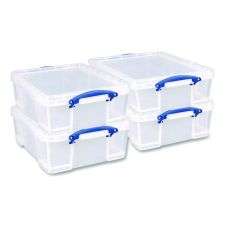 Really Useful Box Snap-Lid Storage Bin, 4.49 gal, 11" x 18" x 4", Clear/Blue, 4/Pack